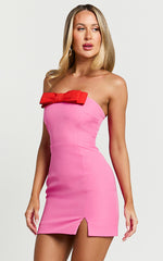 Adora Mini Dress - Strapless Bow Detail Split Dress in Frost Pink