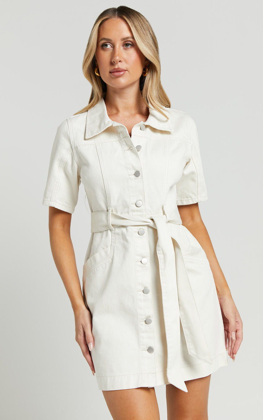 Aelicia Mini Dress - Button Through Denim Dress in Ecru