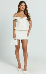 Aleena Top - Boucle Off Shoulder Button Detail Top in Cream