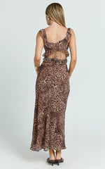 Alessa Midi Dress - V Neck Frill Detail Empire Waist Back Cut Out Dress in Tonal Leopard