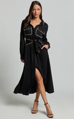 Ally Midi Dress - Collared Button Through Long Sleeve Tie Dress in Black