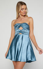 Almaeh Mini Dress - Twist Front Cut Out Strapless Slip Dress in Steel Blue