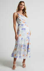 Alyssia Midi Dress - One Shoulder Ruched Satin Dress in Blue Floral