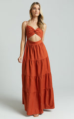 Amalie The Label - Emerita Linen Blend Sweetheart Twist Front Tie Back Midi Dress in Burnt Sienna