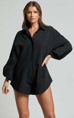 Anka Playsuit - Relaxed Button Front Shirt Playsuit in Black