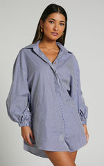 Anka Playsuit - Relaxed Button Front Shirt Playsuit in Navy Stripe