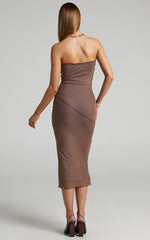 Brunetta Midi Dress - Strapless Mesh Dress in Mushroom