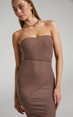 Brunetta Midi Dress - Strapless Mesh Dress in Mushroom