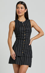 Calvin Two Piece Set - Tailored Linen Scoop Neck Vest Top and A Line Mini Skirt Set in Black