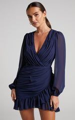 Can I Be Your Honey Mini Dress - Plunge Balloon Sleeve Dress in Navy