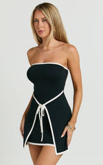 Chloe Mini Dress - Strapless Asymmetric Front Wrap Knit Dress in Black