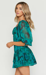 Clabelle Mini Dress - Puff Sleeve Tiered Ruffle Hem Sweetheart Dress in Emerald Blur Floral