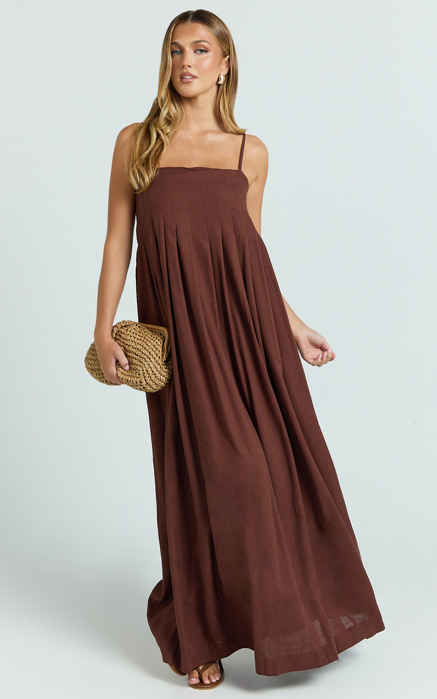 Cloe Maxi Dress - Pleated Detail Dress in Chocolate