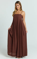 Cloe Maxi Dress - Pleated Detail Dress in Chocolate