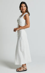 Devan Two Piece Set - Ruched Crop Top and A Line Midi Skirt Set in White