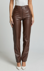Dilyenne Pant - Mid Waist Straight Leg Faux Leather Pant in Chocolate
