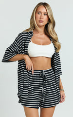 Dylan Two Piece Set - Striped Waffle Shirt and Short Set in Black & White Stripe