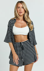 Dylan Two Piece Set - Striped Waffle Shirt and Short Set in Black & White Stripe