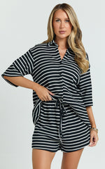 Dylan Two Piece Set - Striped Waffle Shirt and Short Set in Black & White Stripe