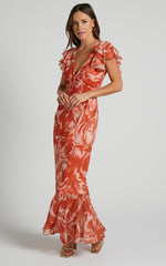 Dylana Midi Dress - V Neck Flutter Sleeve Dress in Rust Swirl