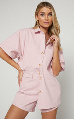 Elsa Two Piece Set - Oversized Button Through Short Sleeve Shirt High Waisted Shorts in Pale Pink