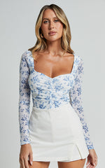 Emae Bodysuit - Long Sleeve Sweetheart Mesh Bodysuit in Blue Floral