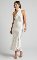 Evana Midi Dress - High Asymmetrical Neck Satin Slip Dress in Champagne