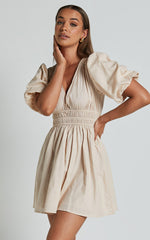 Francesca V Neck Puff Sleeves Mini Dress in Natural