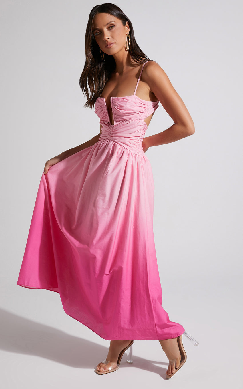 Gianna Midi Dress - Square Neck Cut Out Bust Fit and Flare Dress in Pink Ombre