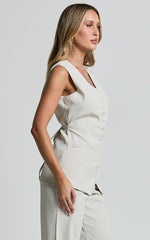 Gwyneth Vest - Button Up Longline Waistcoat in Stone