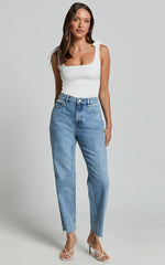 Imelda Jeans - Mid Waist Frayed Hem Recycled Denim Crop Straight Leg Jeans in Mid Blue Wash