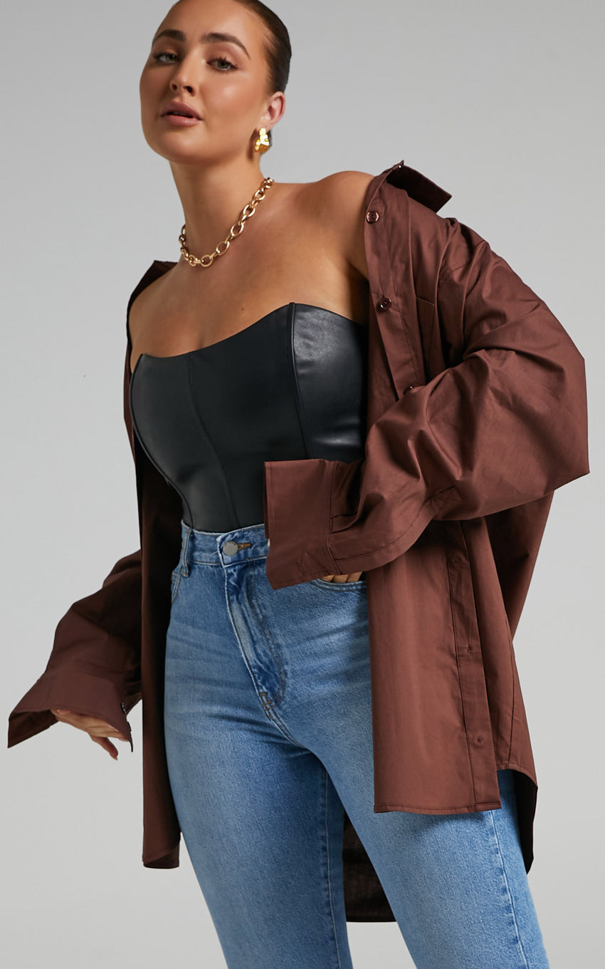 Janaya Mini Dress - Long Sleeve Shirt Dress in Chocolate