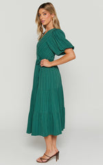 Junmae Midi Dress - Tiered Waffle Wrap Dress in Forest Green
