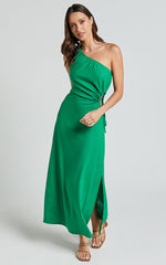 Kari Midi Linen Blend Dress - One Shoulder Slip Dress in Green