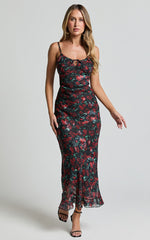 Kiana Midi Dress - Strappy Sweetheart Neck Slip Dress in Rose Print