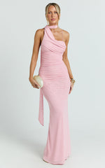 Larson Maxi Dress - Asymmetric Tie Neck Column Dress in Pink