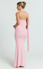 Larson Maxi Dress - Asymmetric Tie Neck Column Dress in Pink