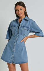 Leilani Mini Dress - Denim Short Sleeve Button Up Dress with Gold Hardware in Mid Blue