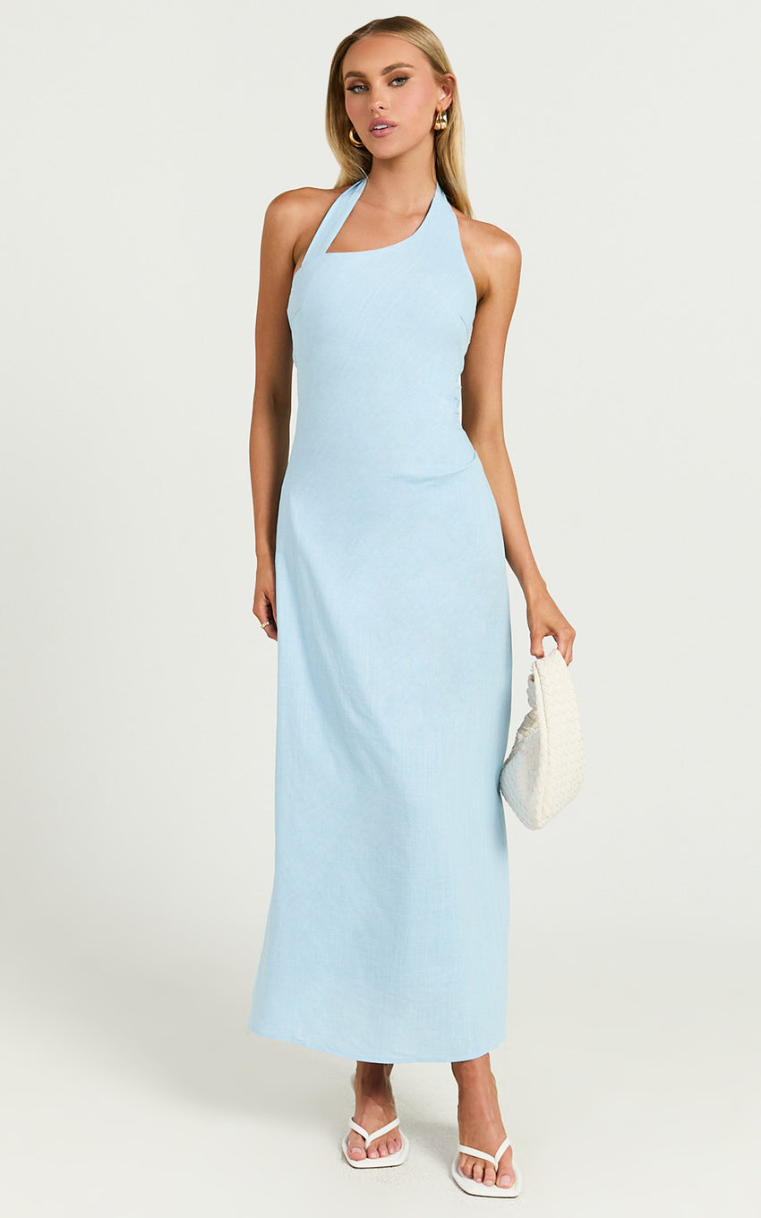 Lindley Midi Dress - Halter Neck Linen Look Dress in Soft Blue