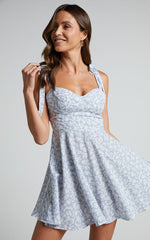 Lorreta Mini Dress - Tie Shoulder Sweetheart Dress in Blue Floral