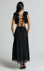 Marielly Midi Dress - Side Cut Out V Neck Ruffle Detail Sleeve Dress in Black