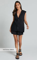 Marlee Two Piece Set - Linen Button Through Vest and Shorts Set in Black