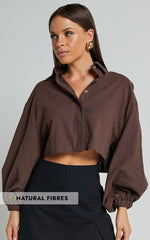 Marsha Linen Blend Shirt - Cropped Long Sleeve Button Up Shirt in Chocolate