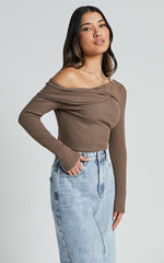 Misael Top - Asymmetrical Twist Front Jersey Top in Mushroom