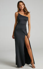 No Ones Fault Midi Dress - One Shoulder Thigh Split Dress in Black