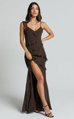 Nitha Maxi Dress - Asymmetrical Frill Thigh Split Dress in Chocolate