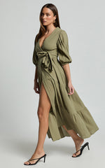 Penelope Wrap Front Puff Sleeve Midi Dress in Olive