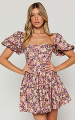 Phorchia Mini Dress - Fit and Flare Puff Sleeve Corset Dress in Noir Fleur Print