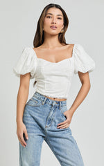 Pixie Top - Sweetheart Puff Sleeve Embroidery Top in White