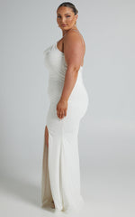 Tasteful Maxi Dress - Cowl Neck Bodycon Thigh Split Dress in White